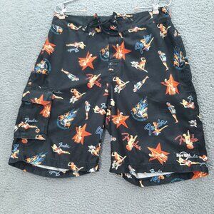 Hard Rock Hotel Mens Black Swim Trunks Fender Guitars Pin-Up Rockabilly Size M